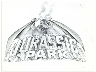 Original Jurassic Park Sketch Created in Development for the 1993 Film -- Drawing Shows a Fearsome Pterodactyl Over the Words Jurassic Park Logo
